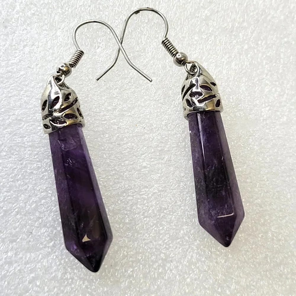 Purple Crystal Dangle Faceted Drop Earrings - Picture 4 of 7